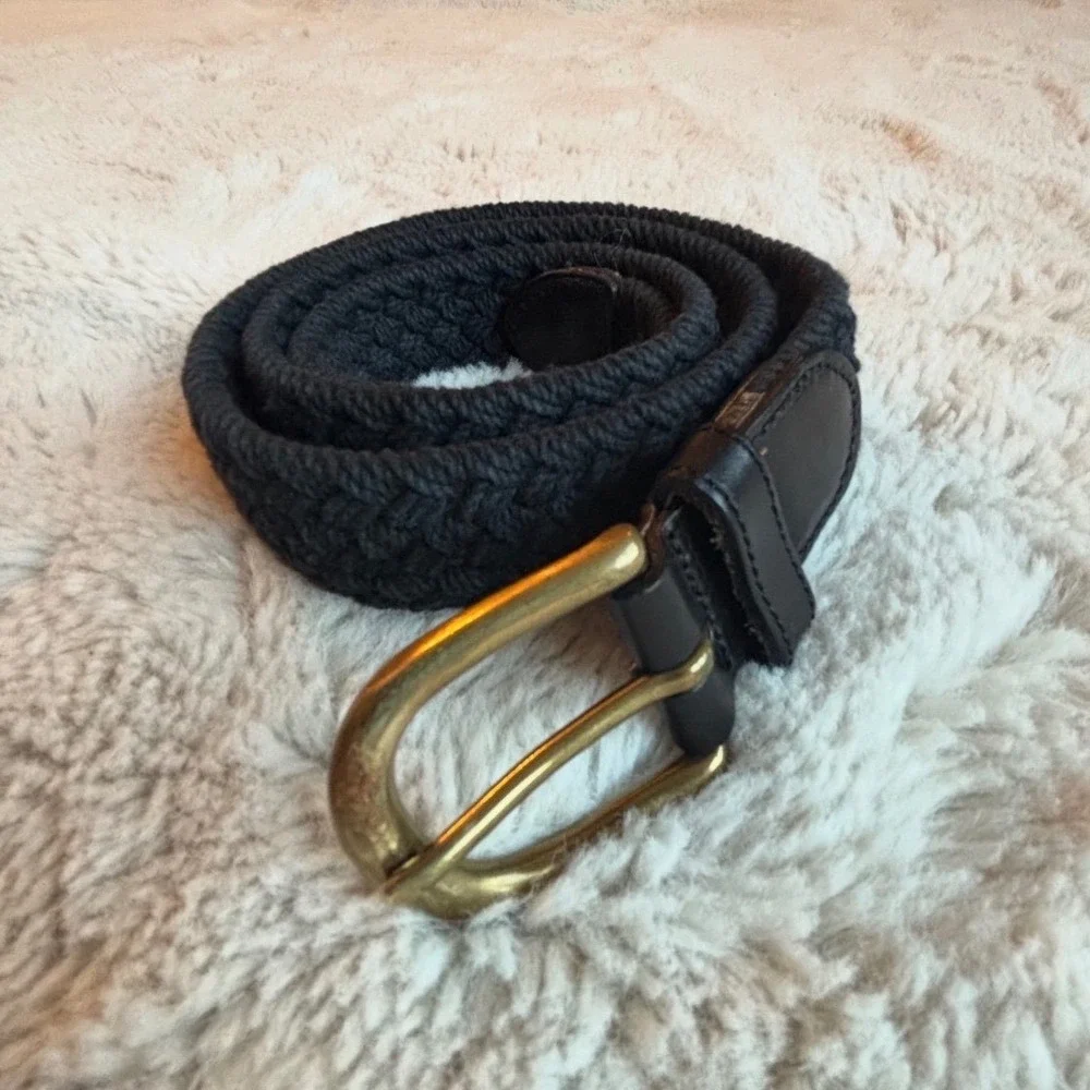 Fossil‎ Braided Belt Womens L Black Excellent Leather Trim Solid Brass BT5043